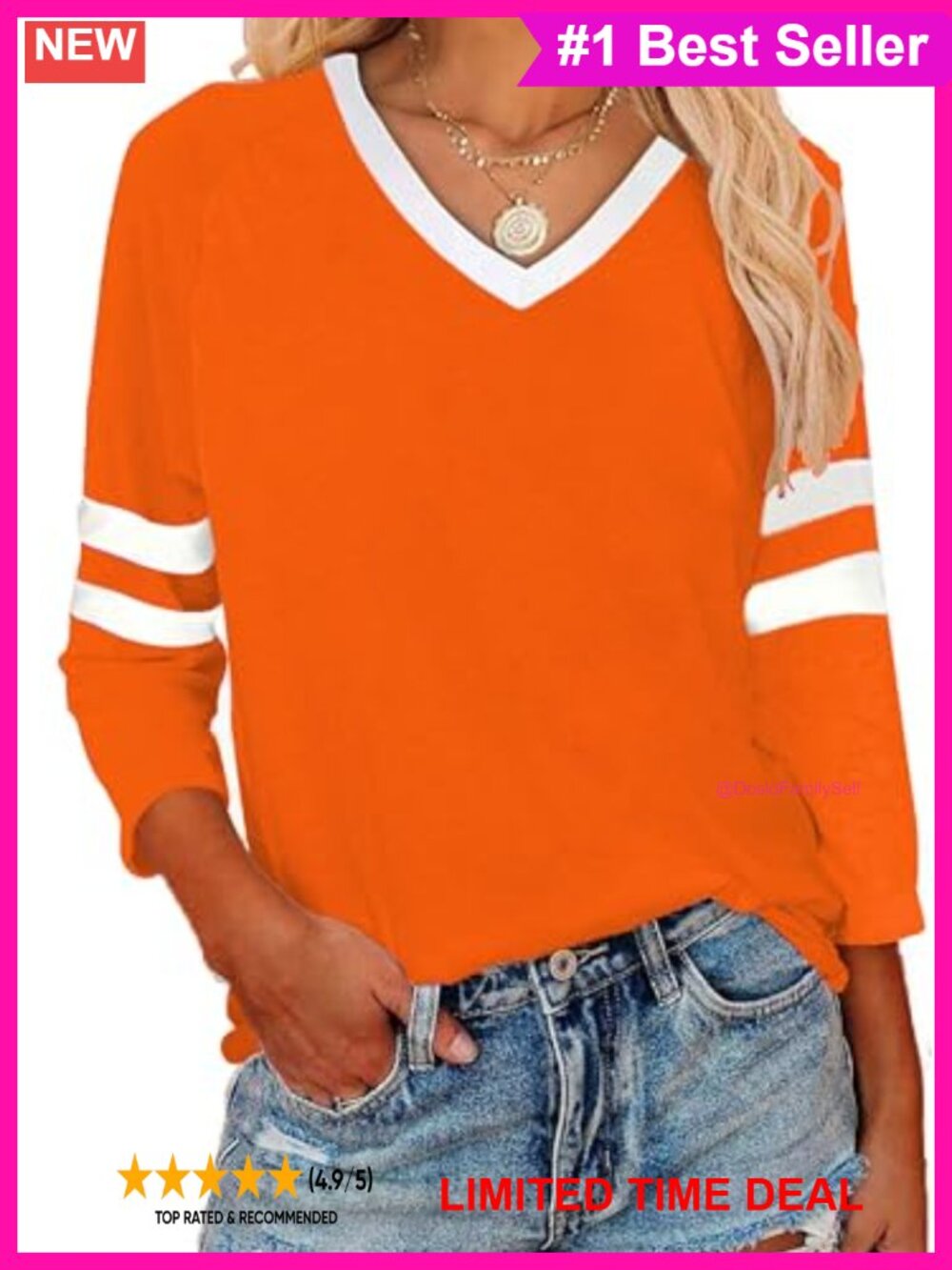 Women's V Neck Color Block Tee 3/4 Sleeve Baseball Jersey Top